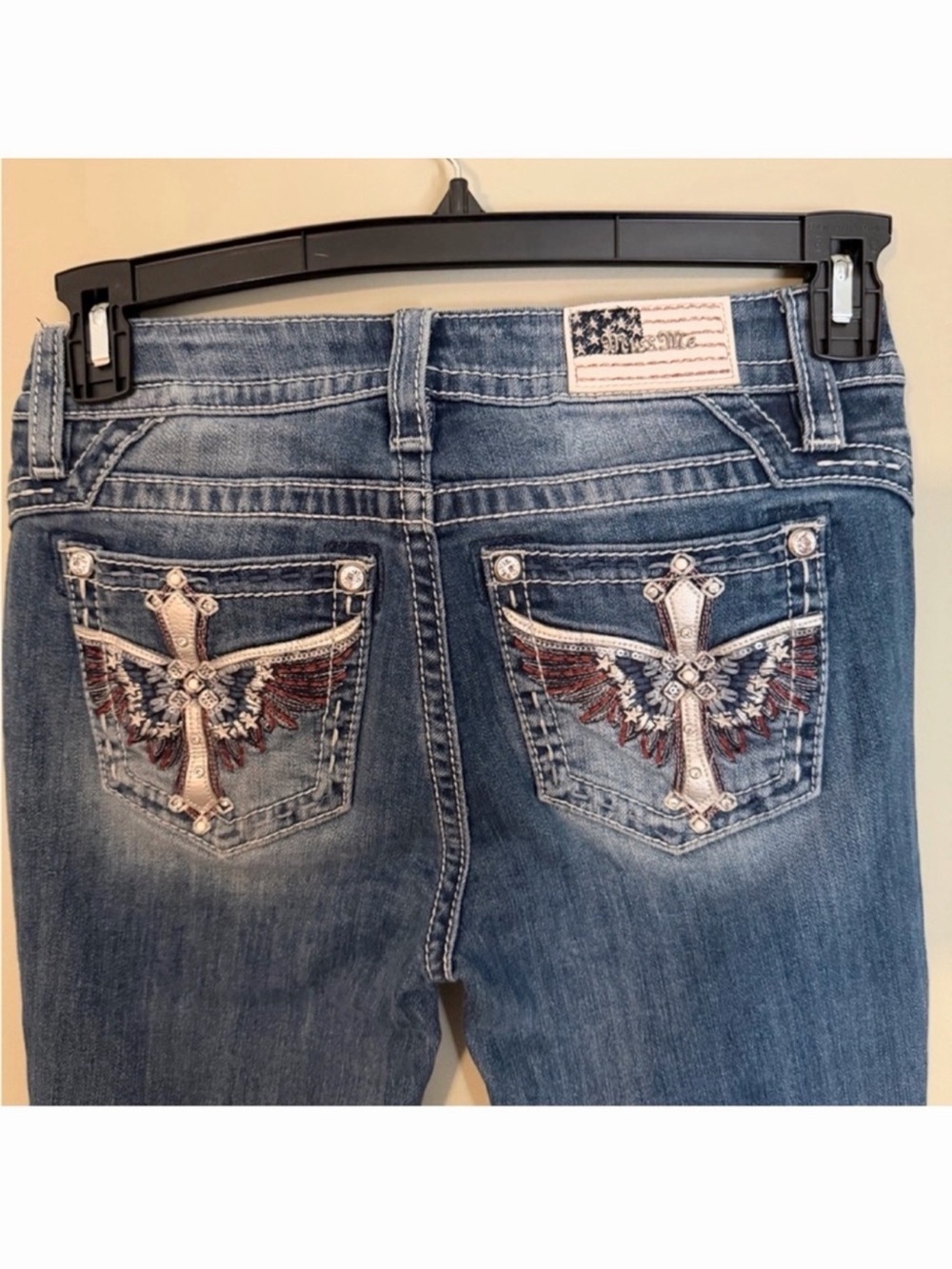 Gorgeous Miss Me Mid-Rise Boot Jeans With Embellished Pockets 34” Inseam